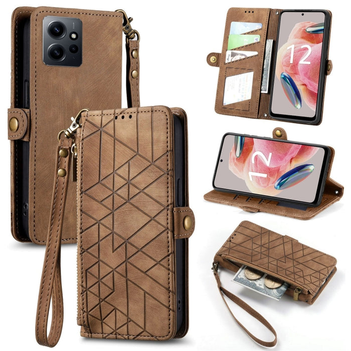 Estuche de teléfono de cuero con hebilla lateral de billetera con cremallera geométrica, For Xiaomi Redmi 12, For Xiaomi Redmi Note 12S, For Xiaomi Redmi Note 12 4G, For Redmi Note 12 Turbo, For Xiaomi Redmi Note 12 5G, For Xiaomi Redmi 12C            ...
