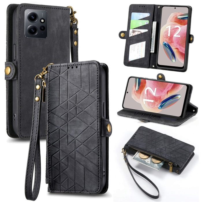 Estuche de teléfono de cuero con hebilla lateral de billetera con cremallera geométrica, For Xiaomi Redmi 12, For Xiaomi Redmi Note 12S, For Xiaomi Redmi Note 12 4G, For Redmi Note 12 Turbo, For Xiaomi Redmi Note 12 5G, For Xiaomi Redmi 12C            ...