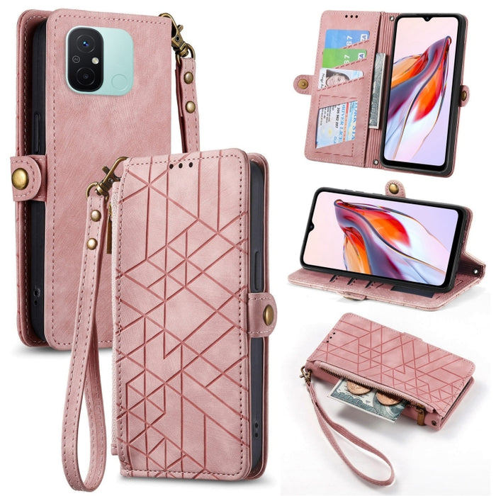 Estuche de teléfono de cuero con hebilla lateral de billetera con cremallera geométrica, For Xiaomi Redmi 12, For Xiaomi Redmi Note 12S, For Xiaomi Redmi Note 12 4G, For Redmi Note 12 Turbo, For Xiaomi Redmi Note 12 5G, For Xiaomi Redmi 12C            ...
