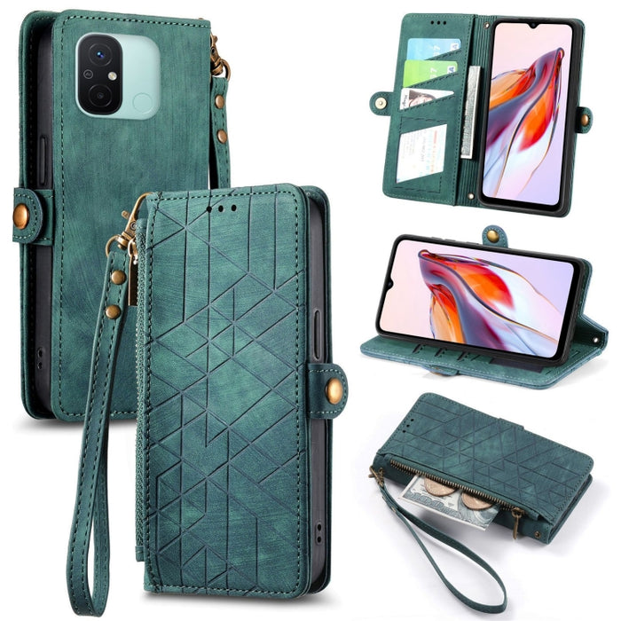 Estuche de teléfono de cuero con hebilla lateral de billetera con cremallera geométrica, For Xiaomi Redmi 12, For Xiaomi Redmi Note 12S, For Xiaomi Redmi Note 12 4G, For Redmi Note 12 Turbo, For Xiaomi Redmi Note 12 5G, For Xiaomi Redmi 12C            ...