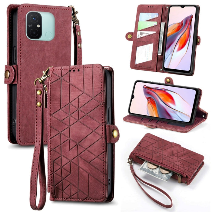Estuche de teléfono de cuero con hebilla lateral de billetera con cremallera geométrica, For Xiaomi Redmi 12, For Xiaomi Redmi Note 12S, For Xiaomi Redmi Note 12 4G, For Redmi Note 12 Turbo, For Xiaomi Redmi Note 12 5G, For Xiaomi Redmi 12C            ...