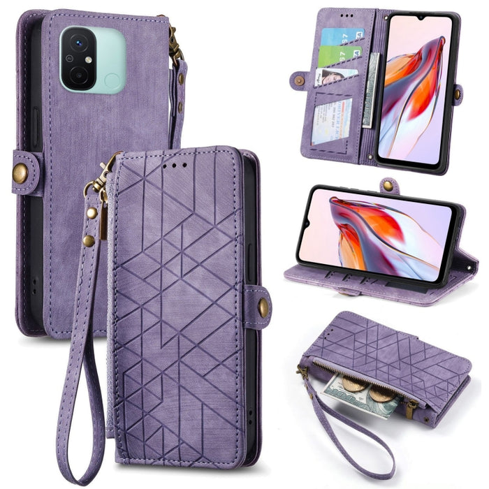 Estuche de teléfono de cuero con hebilla lateral de billetera con cremallera geométrica, For Xiaomi Redmi 12, For Xiaomi Redmi Note 12S, For Xiaomi Redmi Note 12 4G, For Redmi Note 12 Turbo, For Xiaomi Redmi Note 12 5G, For Xiaomi Redmi 12C            ...