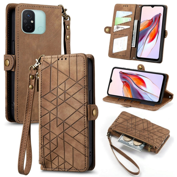 Estuche de teléfono de cuero con hebilla lateral de billetera con cremallera geométrica, For Xiaomi Redmi 12, For Xiaomi Redmi Note 12S, For Xiaomi Redmi Note 12 4G, For Redmi Note 12 Turbo, For Xiaomi Redmi Note 12 5G, For Xiaomi Redmi 12C            ...