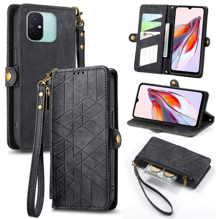 Estuche de teléfono de cuero con hebilla lateral de billetera con cremallera geométrica, For Xiaomi Redmi 12, For Xiaomi Redmi Note 12S, For Xiaomi Redmi Note 12 4G, For Redmi Note 12 Turbo, For Xiaomi Redmi Note 12 5G, For Xiaomi Redmi 12C            ...