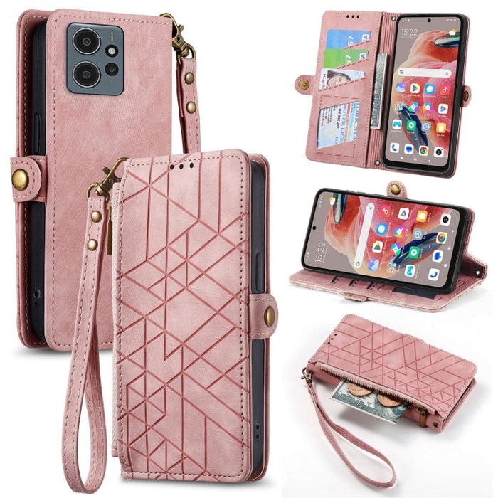 Estuche de teléfono de cuero con hebilla lateral de billetera con cremallera geométrica, For Xiaomi Redmi 12, For Xiaomi Redmi Note 12S, For Xiaomi Redmi Note 12 4G, For Redmi Note 12 Turbo, For Xiaomi Redmi Note 12 5G, For Xiaomi Redmi 12C            ...