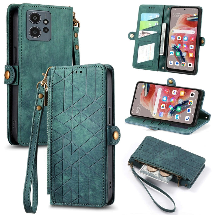 Estuche de teléfono de cuero con hebilla lateral de billetera con cremallera geométrica, For Xiaomi Redmi 12, For Xiaomi Redmi Note 12S, For Xiaomi Redmi Note 12 4G, For Redmi Note 12 Turbo, For Xiaomi Redmi Note 12 5G, For Xiaomi Redmi 12C            ...