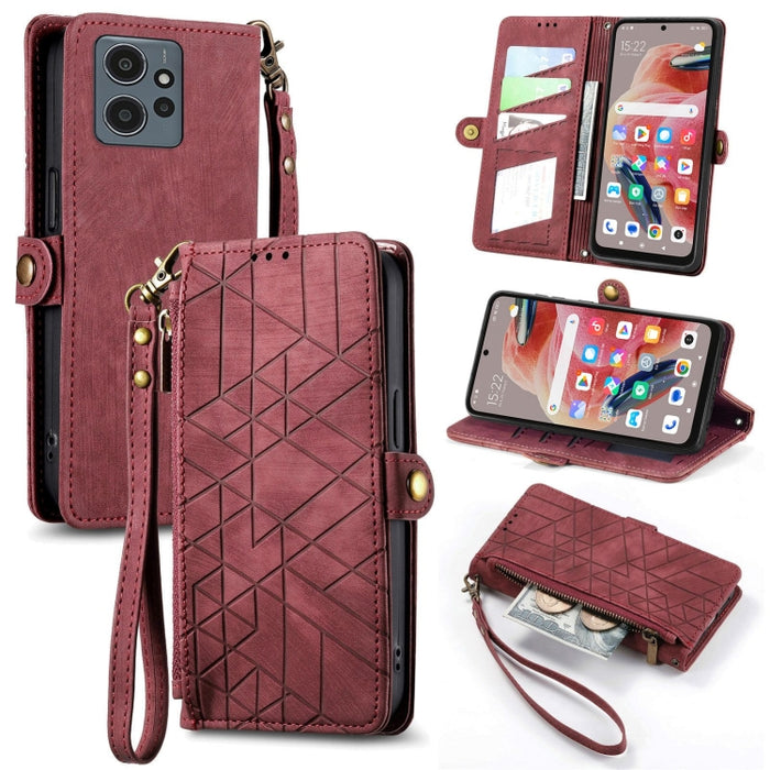 Estuche de teléfono de cuero con hebilla lateral de billetera con cremallera geométrica, For Xiaomi Redmi 12, For Xiaomi Redmi Note 12S, For Xiaomi Redmi Note 12 4G, For Redmi Note 12 Turbo, For Xiaomi Redmi Note 12 5G, For Xiaomi Redmi 12C            ...