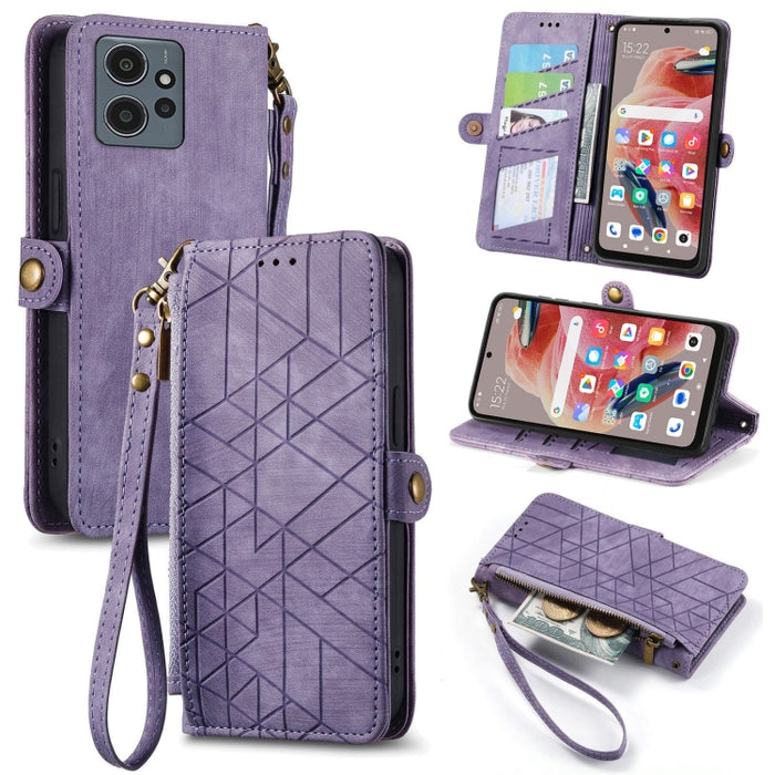 Estuche de teléfono de cuero con hebilla lateral de billetera con cremallera geométrica, For Xiaomi Redmi 12, For Xiaomi Redmi Note 12S, For Xiaomi Redmi Note 12 4G, For Redmi Note 12 Turbo, For Xiaomi Redmi Note 12 5G, For Xiaomi Redmi 12C            ...