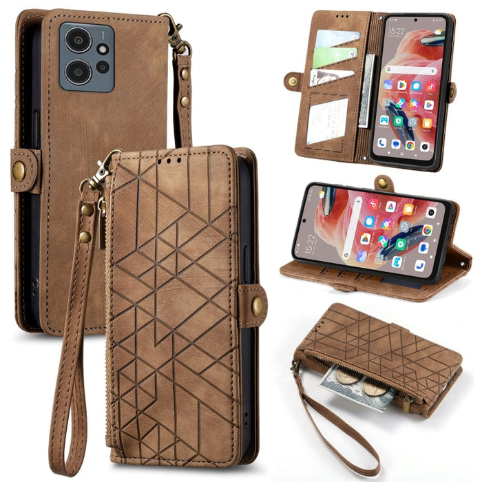 Estuche de teléfono de cuero con hebilla lateral de billetera con cremallera geométrica, For Xiaomi Redmi 12, For Xiaomi Redmi Note 12S, For Xiaomi Redmi Note 12 4G, For Redmi Note 12 Turbo, For Xiaomi Redmi Note 12 5G, For Xiaomi Redmi 12C            ...