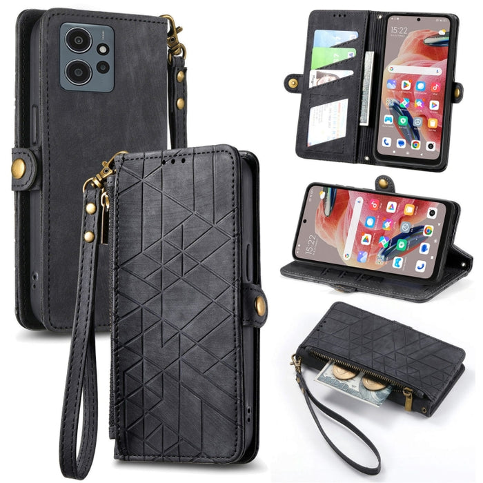 Estuche de teléfono de cuero con hebilla lateral de billetera con cremallera geométrica, For Xiaomi Redmi 12, For Xiaomi Redmi Note 12S, For Xiaomi Redmi Note 12 4G, For Redmi Note 12 Turbo, For Xiaomi Redmi Note 12 5G, For Xiaomi Redmi 12C            ...