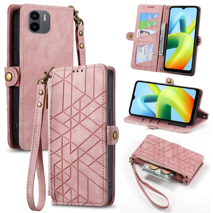 Estuche de teléfono de cuero con hebilla lateral de billetera con cremallera geométrica, For Xiaomi Redmi 12, For Xiaomi Redmi Note 12S, For Xiaomi Redmi Note 12 4G, For Redmi Note 12 Turbo, For Xiaomi Redmi Note 12 5G, For Xiaomi Redmi 12C            ...