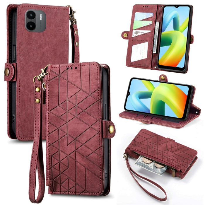 Estuche de teléfono de cuero con hebilla lateral de billetera con cremallera geométrica, For Xiaomi Redmi 12, For Xiaomi Redmi Note 12S, For Xiaomi Redmi Note 12 4G, For Redmi Note 12 Turbo, For Xiaomi Redmi Note 12 5G, For Xiaomi Redmi 12C            ...