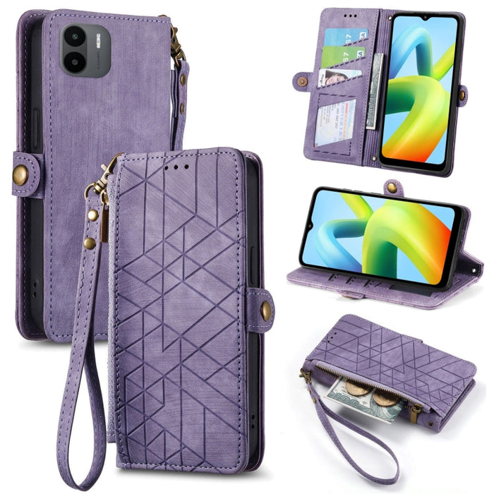 Estuche de teléfono de cuero con hebilla lateral de billetera con cremallera geométrica, For Xiaomi Redmi 12, For Xiaomi Redmi Note 12S, For Xiaomi Redmi Note 12 4G, For Redmi Note 12 Turbo, For Xiaomi Redmi Note 12 5G, For Xiaomi Redmi 12C            ...