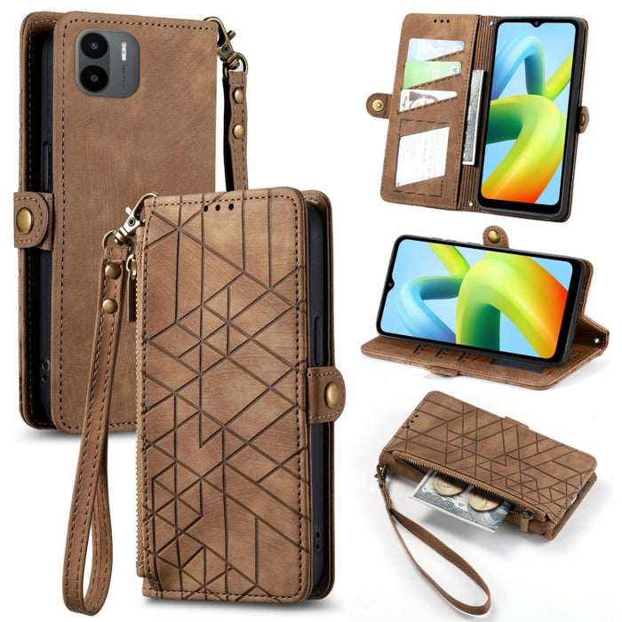 Estuche de teléfono de cuero con hebilla lateral de billetera con cremallera geométrica, For Xiaomi Redmi 12, For Xiaomi Redmi Note 12S, For Xiaomi Redmi Note 12 4G, For Redmi Note 12 Turbo, For Xiaomi Redmi Note 12 5G, For Xiaomi Redmi 12C            ...