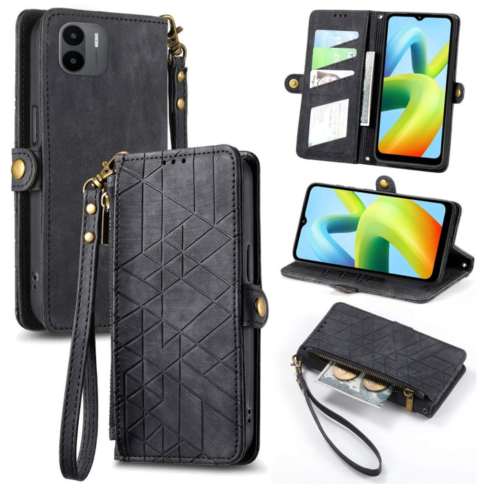 Estuche de teléfono de cuero con hebilla lateral de billetera con cremallera geométrica, For Xiaomi Redmi 12, For Xiaomi Redmi Note 12S, For Xiaomi Redmi Note 12 4G, For Redmi Note 12 Turbo, For Xiaomi Redmi Note 12 5G, For Xiaomi Redmi 12C            ...