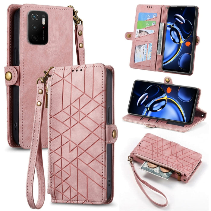 Estuche de teléfono de cuero con hebilla lateral de billetera con cremallera geométrica, For Xiaomi Redmi 12, For Xiaomi Redmi Note 12S, For Xiaomi Redmi Note 12 4G, For Redmi Note 12 Turbo, For Xiaomi Redmi Note 12 5G, For Xiaomi Redmi 12C            ...