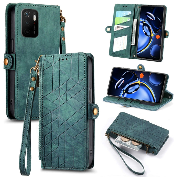 Estuche de teléfono de cuero con hebilla lateral de billetera con cremallera geométrica, For Xiaomi Redmi 12, For Xiaomi Redmi Note 12S, For Xiaomi Redmi Note 12 4G, For Redmi Note 12 Turbo, For Xiaomi Redmi Note 12 5G, For Xiaomi Redmi 12C            ...