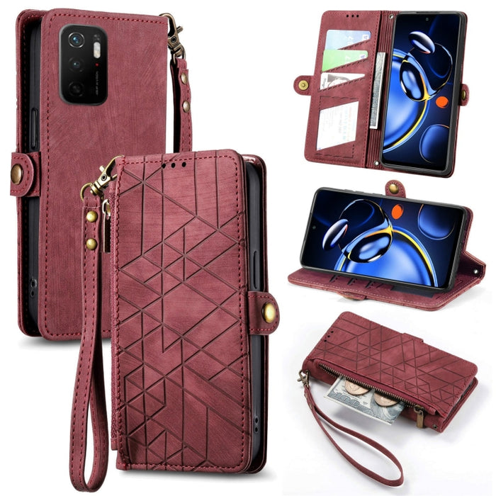 Estuche de teléfono de cuero con hebilla lateral de billetera con cremallera geométrica, For Xiaomi Redmi 12, For Xiaomi Redmi Note 12S, For Xiaomi Redmi Note 12 4G, For Redmi Note 12 Turbo, For Xiaomi Redmi Note 12 5G, For Xiaomi Redmi 12C            ...