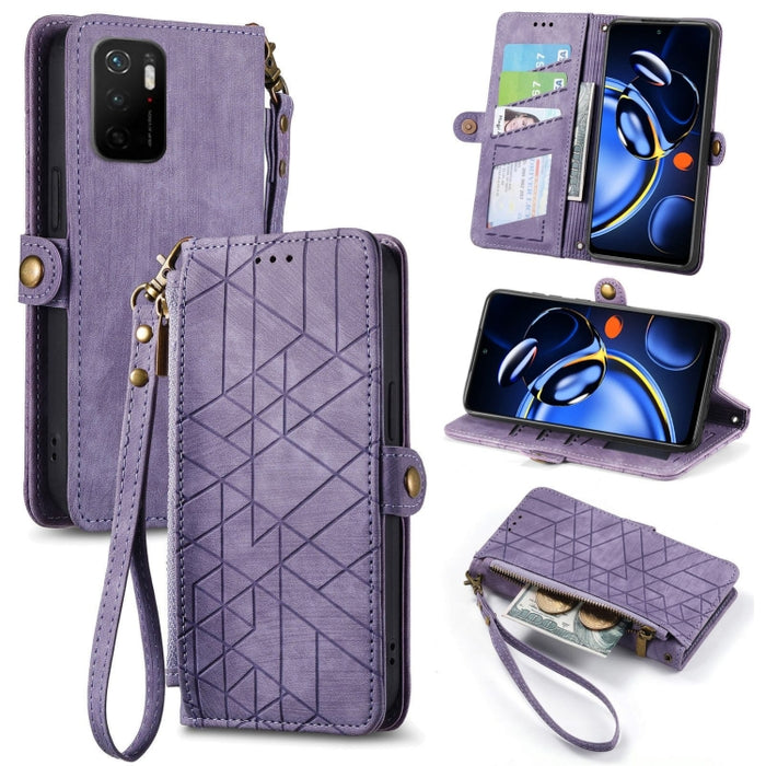 Estuche de teléfono de cuero con hebilla lateral de billetera con cremallera geométrica, For Xiaomi Redmi 12, For Xiaomi Redmi Note 12S, For Xiaomi Redmi Note 12 4G, For Redmi Note 12 Turbo, For Xiaomi Redmi Note 12 5G, For Xiaomi Redmi 12C            ...