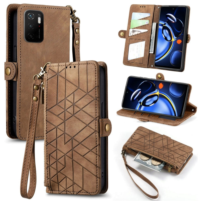 Estuche de teléfono de cuero con hebilla lateral de billetera con cremallera geométrica, For Xiaomi Redmi 12, For Xiaomi Redmi Note 12S, For Xiaomi Redmi Note 12 4G, For Redmi Note 12 Turbo, For Xiaomi Redmi Note 12 5G, For Xiaomi Redmi 12C            ...