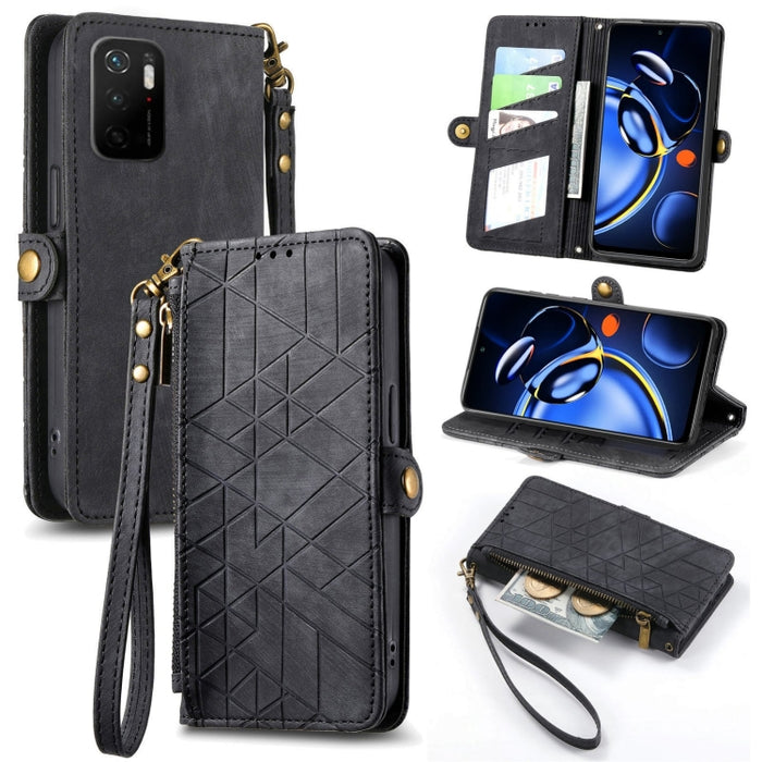 Estuche de teléfono de cuero con hebilla lateral de billetera con cremallera geométrica, For Xiaomi Redmi 12, For Xiaomi Redmi Note 12S, For Xiaomi Redmi Note 12 4G, For Redmi Note 12 Turbo, For Xiaomi Redmi Note 12 5G, For Xiaomi Redmi 12C            ...