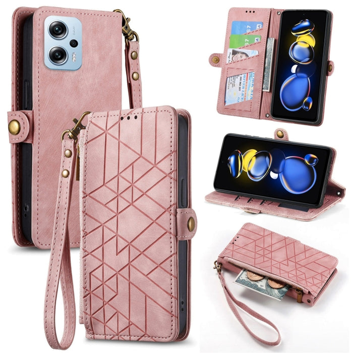 Estuche de teléfono de cuero con hebilla lateral de billetera con cremallera geométrica, For Xiaomi Redmi 12, For Xiaomi Redmi Note 12S, For Xiaomi Redmi Note 12 4G, For Redmi Note 12 Turbo, For Xiaomi Redmi Note 12 5G, For Xiaomi Redmi 12C            ...