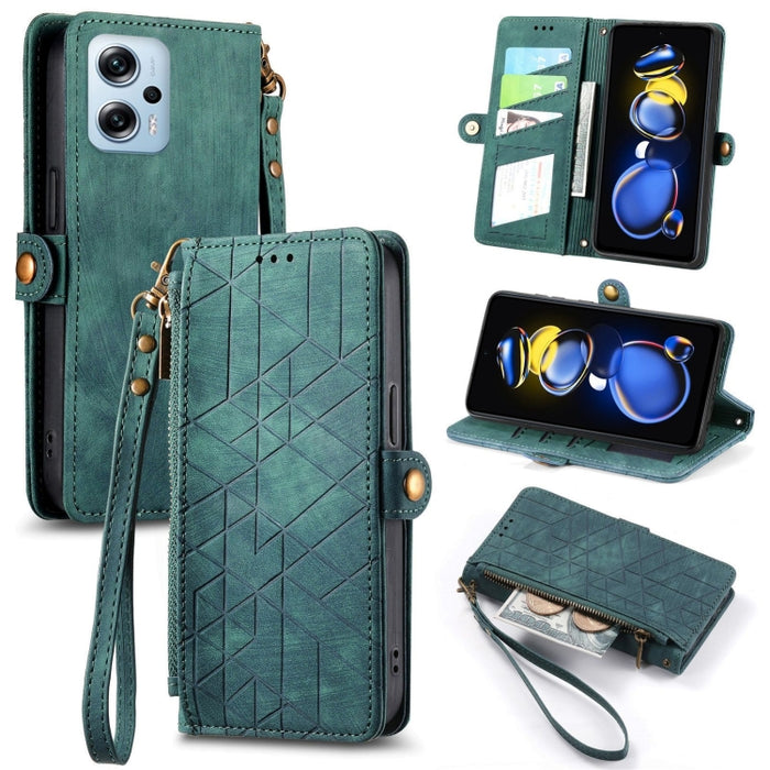 Estuche de teléfono de cuero con hebilla lateral de billetera con cremallera geométrica, For Xiaomi Redmi 12, For Xiaomi Redmi Note 12S, For Xiaomi Redmi Note 12 4G, For Redmi Note 12 Turbo, For Xiaomi Redmi Note 12 5G, For Xiaomi Redmi 12C            ...