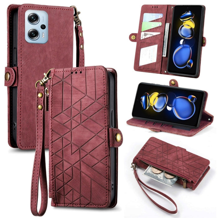 Estuche de teléfono de cuero con hebilla lateral de billetera con cremallera geométrica, For Xiaomi Redmi 12, For Xiaomi Redmi Note 12S, For Xiaomi Redmi Note 12 4G, For Redmi Note 12 Turbo, For Xiaomi Redmi Note 12 5G, For Xiaomi Redmi 12C            ...