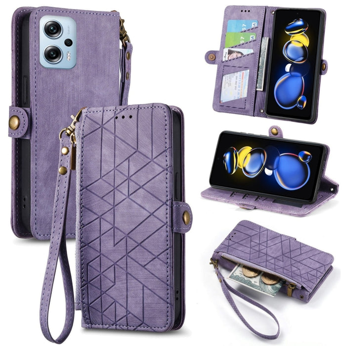 Estuche de teléfono de cuero con hebilla lateral de billetera con cremallera geométrica, For Xiaomi Redmi 12, For Xiaomi Redmi Note 12S, For Xiaomi Redmi Note 12 4G, For Redmi Note 12 Turbo, For Xiaomi Redmi Note 12 5G, For Xiaomi Redmi 12C            ...