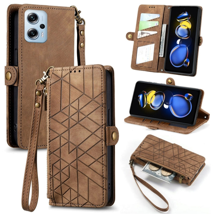 Estuche de teléfono de cuero con hebilla lateral de billetera con cremallera geométrica, For Xiaomi Redmi 12, For Xiaomi Redmi Note 12S, For Xiaomi Redmi Note 12 4G, For Redmi Note 12 Turbo, For Xiaomi Redmi Note 12 5G, For Xiaomi Redmi 12C            ...