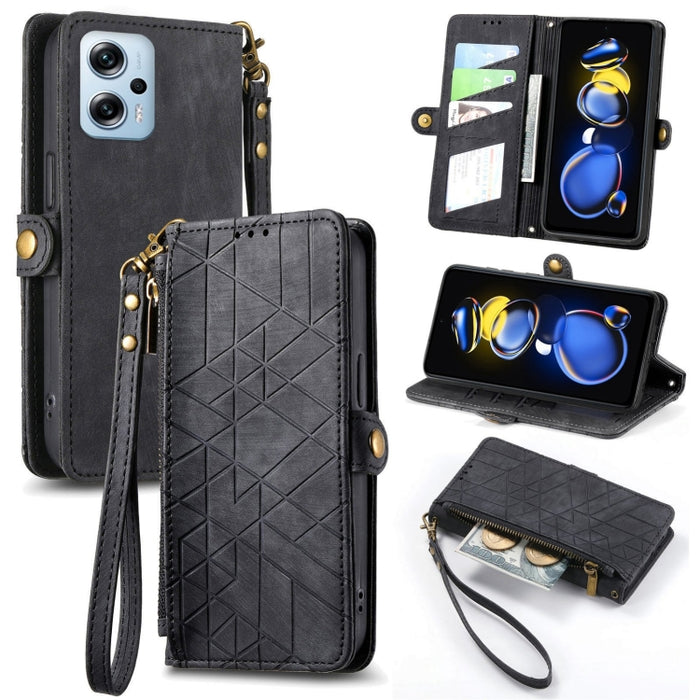Estuche de teléfono de cuero con hebilla lateral de billetera con cremallera geométrica, For Xiaomi Redmi 12, For Xiaomi Redmi Note 12S, For Xiaomi Redmi Note 12 4G, For Redmi Note 12 Turbo, For Xiaomi Redmi Note 12 5G, For Xiaomi Redmi 12C            ...