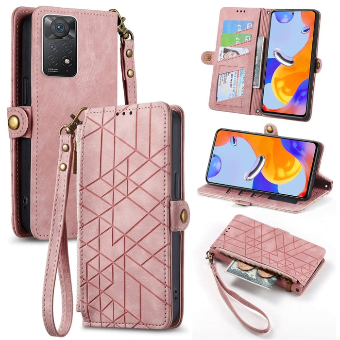 Estuche de teléfono de cuero con hebilla lateral de billetera con cremallera geométrica, For Xiaomi Redmi 12, For Xiaomi Redmi Note 12S, For Xiaomi Redmi Note 12 4G, For Redmi Note 12 Turbo, For Xiaomi Redmi Note 12 5G, For Xiaomi Redmi 12C            ...
