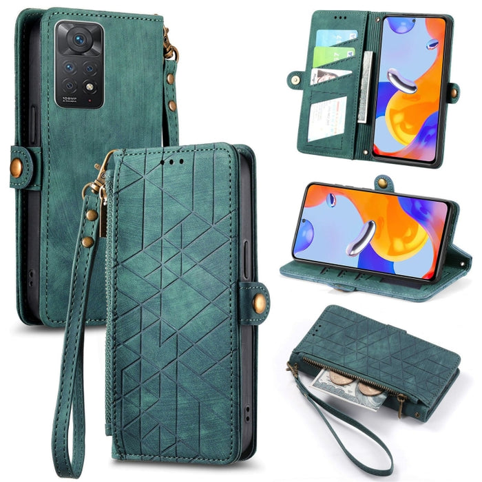 Estuche de teléfono de cuero con hebilla lateral de billetera con cremallera geométrica, For Xiaomi Redmi 12, For Xiaomi Redmi Note 12S, For Xiaomi Redmi Note 12 4G, For Redmi Note 12 Turbo, For Xiaomi Redmi Note 12 5G, For Xiaomi Redmi 12C            ...