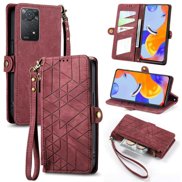 Estuche de teléfono de cuero con hebilla lateral de billetera con cremallera geométrica, For Xiaomi Redmi 12, For Xiaomi Redmi Note 12S, For Xiaomi Redmi Note 12 4G, For Redmi Note 12 Turbo, For Xiaomi Redmi Note 12 5G, For Xiaomi Redmi 12C            ...