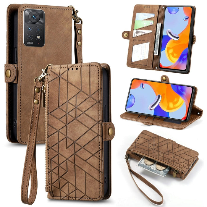 Estuche de teléfono de cuero con hebilla lateral de billetera con cremallera geométrica, For Xiaomi Redmi 12, For Xiaomi Redmi Note 12S, For Xiaomi Redmi Note 12 4G, For Redmi Note 12 Turbo, For Xiaomi Redmi Note 12 5G, For Xiaomi Redmi 12C            ...