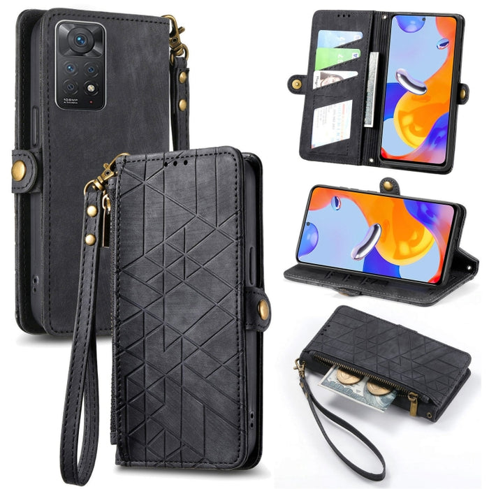 Estuche de teléfono de cuero con hebilla lateral de billetera con cremallera geométrica, For Xiaomi Redmi 12, For Xiaomi Redmi Note 12S, For Xiaomi Redmi Note 12 4G, For Redmi Note 12 Turbo, For Xiaomi Redmi Note 12 5G, For Xiaomi Redmi 12C            ...