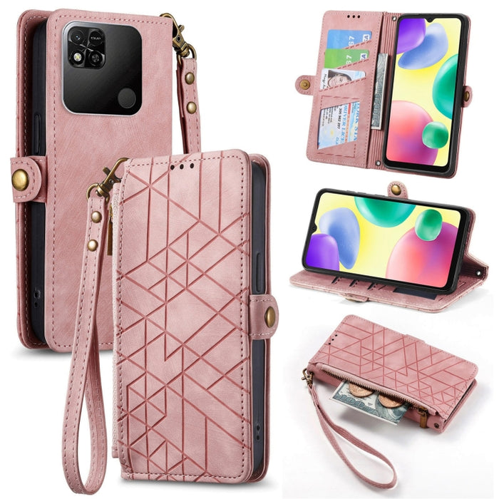 Estuche de teléfono de cuero con hebilla lateral de billetera con cremallera geométrica, For Xiaomi Redmi 12, For Xiaomi Redmi Note 12S, For Xiaomi Redmi Note 12 4G, For Redmi Note 12 Turbo, For Xiaomi Redmi Note 12 5G, For Xiaomi Redmi 12C            ...