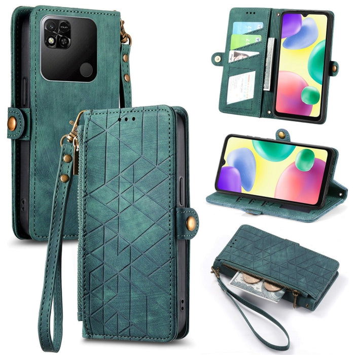 Estuche de teléfono de cuero con hebilla lateral de billetera con cremallera geométrica, For Xiaomi Redmi 12, For Xiaomi Redmi Note 12S, For Xiaomi Redmi Note 12 4G, For Redmi Note 12 Turbo, For Xiaomi Redmi Note 12 5G, For Xiaomi Redmi 12C            ...