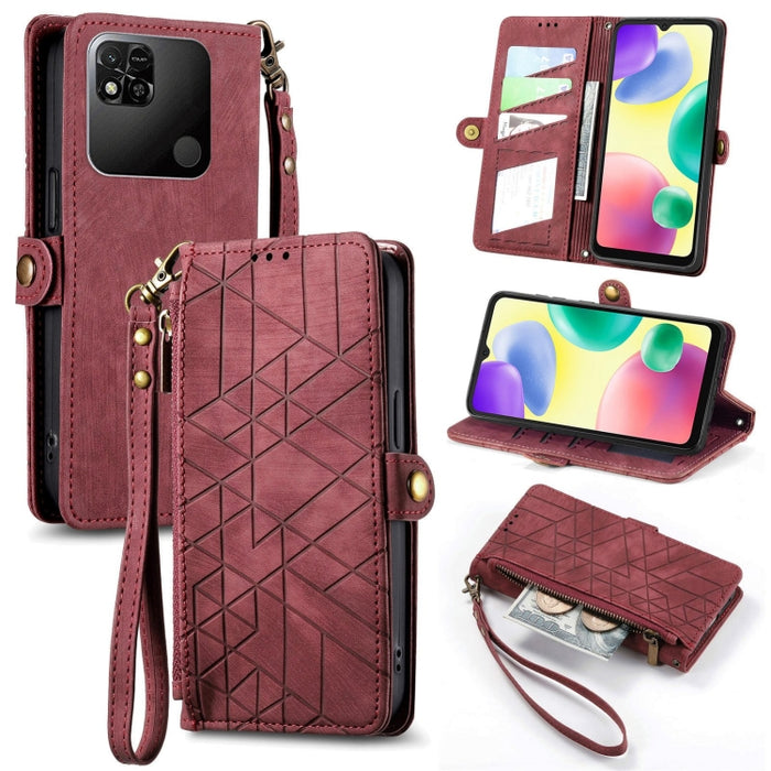 Estuche de teléfono de cuero con hebilla lateral de billetera con cremallera geométrica, For Xiaomi Redmi 12, For Xiaomi Redmi Note 12S, For Xiaomi Redmi Note 12 4G, For Redmi Note 12 Turbo, For Xiaomi Redmi Note 12 5G, For Xiaomi Redmi 12C            ...