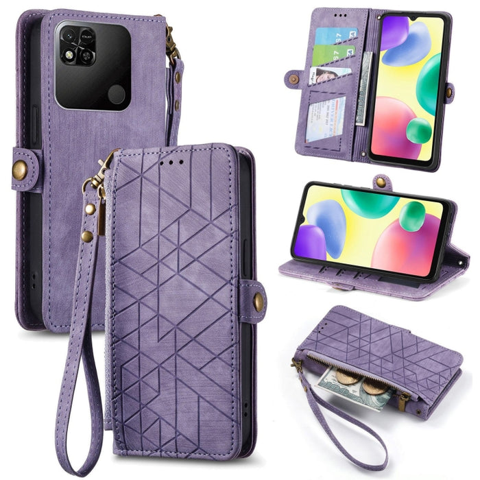 Estuche de teléfono de cuero con hebilla lateral de billetera con cremallera geométrica, For Xiaomi Redmi 12, For Xiaomi Redmi Note 12S, For Xiaomi Redmi Note 12 4G, For Redmi Note 12 Turbo, For Xiaomi Redmi Note 12 5G, For Xiaomi Redmi 12C            ...