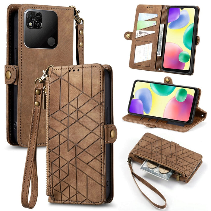 Estuche de teléfono de cuero con hebilla lateral de billetera con cremallera geométrica, For Xiaomi Redmi 12, For Xiaomi Redmi Note 12S, For Xiaomi Redmi Note 12 4G, For Redmi Note 12 Turbo, For Xiaomi Redmi Note 12 5G, For Xiaomi Redmi 12C            ...