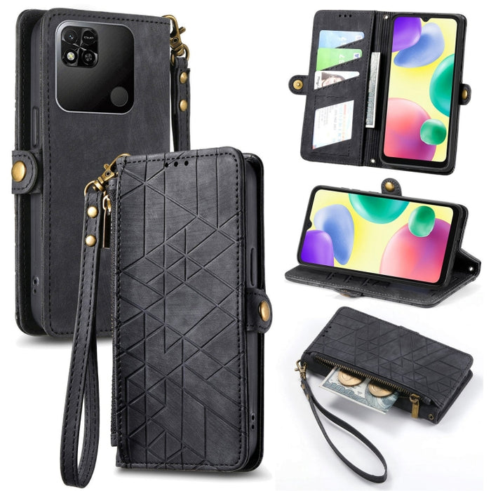 Estuche de teléfono de cuero con hebilla lateral de billetera con cremallera geométrica, For Xiaomi Redmi 12, For Xiaomi Redmi Note 12S, For Xiaomi Redmi Note 12 4G, For Redmi Note 12 Turbo, For Xiaomi Redmi Note 12 5G, For Xiaomi Redmi 12C            ...