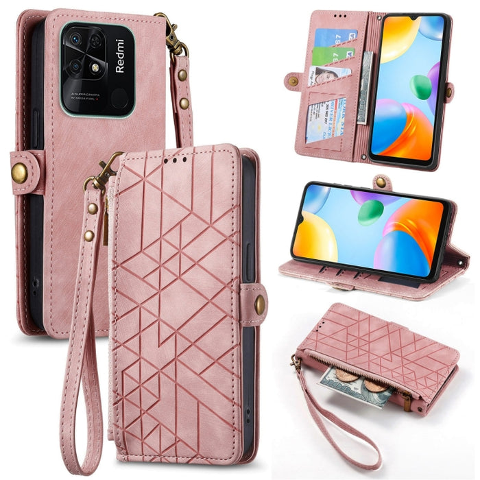 Estuche de teléfono de cuero con hebilla lateral de billetera con cremallera geométrica, For Xiaomi Redmi 12, For Xiaomi Redmi Note 12S, For Xiaomi Redmi Note 12 4G, For Redmi Note 12 Turbo, For Xiaomi Redmi Note 12 5G, For Xiaomi Redmi 12C            ...