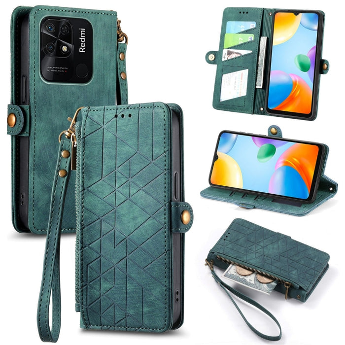 Estuche de teléfono de cuero con hebilla lateral de billetera con cremallera geométrica, For Xiaomi Redmi 12, For Xiaomi Redmi Note 12S, For Xiaomi Redmi Note 12 4G, For Redmi Note 12 Turbo, For Xiaomi Redmi Note 12 5G, For Xiaomi Redmi 12C            ...