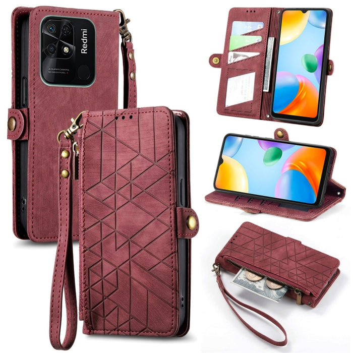 Estuche de teléfono de cuero con hebilla lateral de billetera con cremallera geométrica, For Xiaomi Redmi 12, For Xiaomi Redmi Note 12S, For Xiaomi Redmi Note 12 4G, For Redmi Note 12 Turbo, For Xiaomi Redmi Note 12 5G, For Xiaomi Redmi 12C            ...