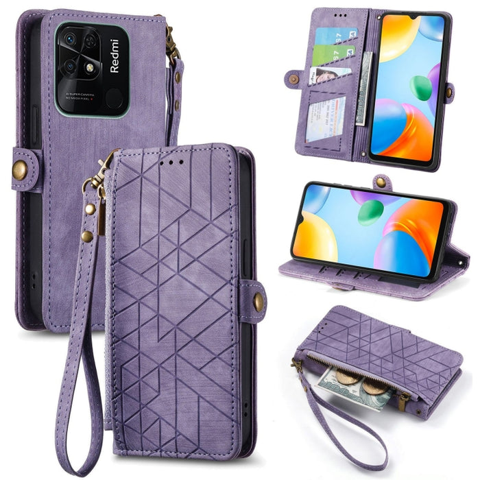 Estuche de teléfono de cuero con hebilla lateral de billetera con cremallera geométrica, For Xiaomi Redmi 12, For Xiaomi Redmi Note 12S, For Xiaomi Redmi Note 12 4G, For Redmi Note 12 Turbo, For Xiaomi Redmi Note 12 5G, For Xiaomi Redmi 12C            ...