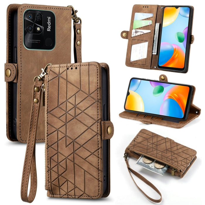 Estuche de teléfono de cuero con hebilla lateral de billetera con cremallera geométrica, For Xiaomi Redmi 12, For Xiaomi Redmi Note 12S, For Xiaomi Redmi Note 12 4G, For Redmi Note 12 Turbo, For Xiaomi Redmi Note 12 5G, For Xiaomi Redmi 12C            ...