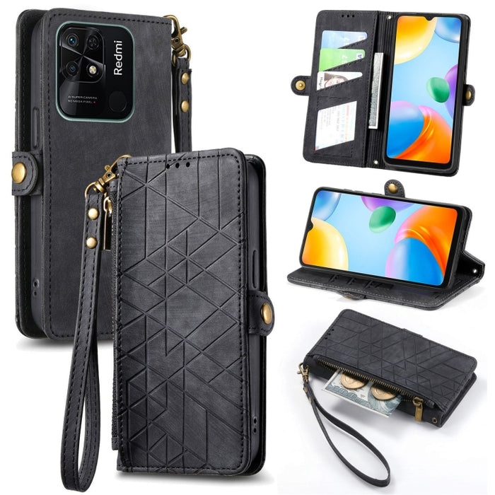 Estuche de teléfono de cuero con hebilla lateral de billetera con cremallera geométrica, For Xiaomi Redmi 12, For Xiaomi Redmi Note 12S, For Xiaomi Redmi Note 12 4G, For Redmi Note 12 Turbo, For Xiaomi Redmi Note 12 5G, For Xiaomi Redmi 12C            ...