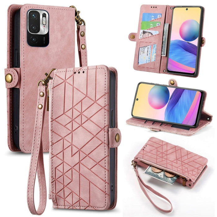 Estuche de teléfono de cuero con hebilla lateral de billetera con cremallera geométrica, For Xiaomi Redmi 12, For Xiaomi Redmi Note 12S, For Xiaomi Redmi Note 12 4G, For Redmi Note 12 Turbo, For Xiaomi Redmi Note 12 5G, For Xiaomi Redmi 12C            ...