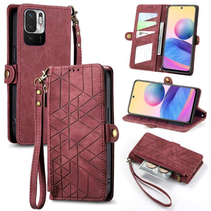 Estuche de teléfono de cuero con hebilla lateral de billetera con cremallera geométrica, For Xiaomi Redmi 12, For Xiaomi Redmi Note 12S, For Xiaomi Redmi Note 12 4G, For Redmi Note 12 Turbo, For Xiaomi Redmi Note 12 5G, For Xiaomi Redmi 12C            ...